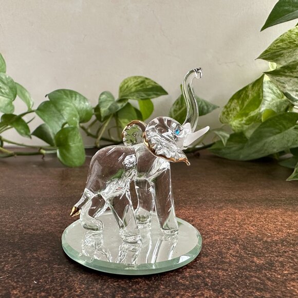 Glass Baron Clear Elephant Figurine Gold Accents - Picture 5 of 11